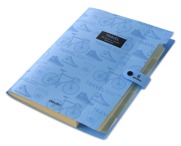 Папка-портфель Deli 5737 на кнопке 8 отдел. A4 пластик ассорти