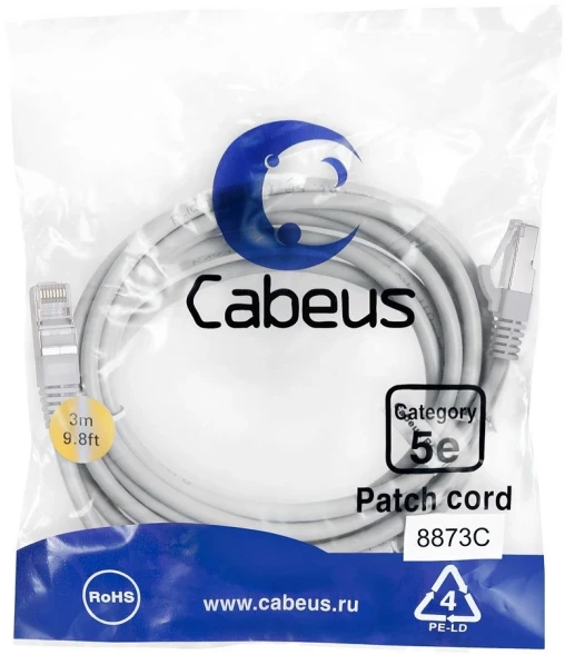 Патч-корд Cabeus PC-FTP-RJ45-CAT.5E-3M-LSZH F/UTP RJ-45 вил.-вилка RJ-45 кат.5E 3м серый LSZH