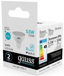Лампа светодиодная Gauss 5.5Вт цок.:GU5.3 рефлек. 220B 4100K св.свеч.бел.нейт. MR16 (упак.:1шт) (13526)