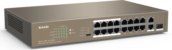 Коммутатор Tenda TEF1118P-16-150W (L2) 16x100Мбит/с 2x1Гбит/с 1SFP 16PoE 130W неуправляемый