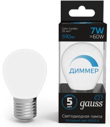 Лампа светодиодная Gauss 105102307-D 7Вт цок.:E27 шар 150B 6500K св.свеч.бел.хол. (упак.:1шт)