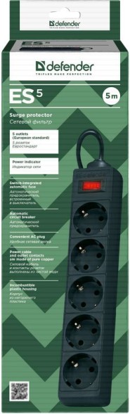 Сетевой фильтр Defender ES 5м (5 розеток) черный (коробка)