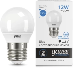 Лампа светодиодная Gauss Elementary 53232 12Вт цок.:E27 шар 220B 6500K св.свеч.бел.хол. (упак.:10шт)