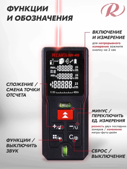 Лазерный дальномер Ресанта ДЛ-40 2кл.лаз. 670нм (61/10/515)