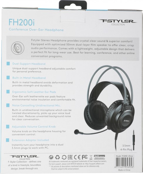 Наушники с микрофоном A4Tech Fstyler FH200i серый 1.8м накладные оголовье (FH200I GREY) 1