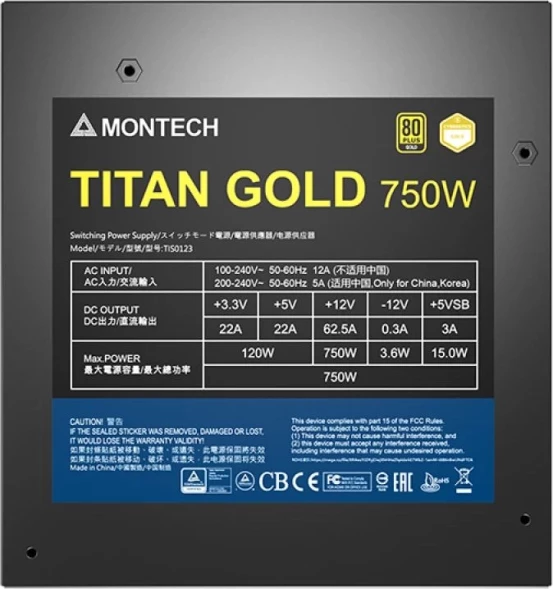 Блок питания Montech ATX 750W TITAN GOLD Gen.5 80+ gold (20+4pin) APFC 135mm fan 12xSATA Cab Manag RTL