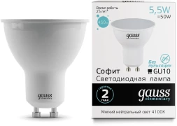 Лампа светодиодная Gauss 5.5Вт цок.:GU10 рефлек. 220B 4100K св.свеч.бел.нейт. MR16 (упак.:1шт) (13626)