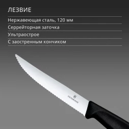 Нож кухонный Victorinox Swiss Classic Gourmet (6.7933) стальной разделочный для стейка/пиццы лезв.120мм серрейт. заточка черный
