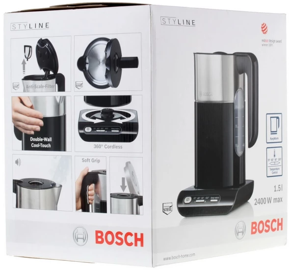 Чайник электрический Bosch TWK8613P 1.5л. 2400Вт черный/серебристый корпус: пластик/металл