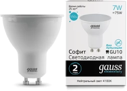 Лампа светодиодная Gauss 7Вт цок.:GU10 рефлек. 220B 4100K св.свеч.бел.нейт. MR16 (упак.:1шт) (13627)
