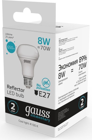 Лампа светодиодная Gauss Elementary 63228 8Вт цок.:E27 рефлек. 220B 4100K св.свеч.бел.нейт. (упак.:10шт)