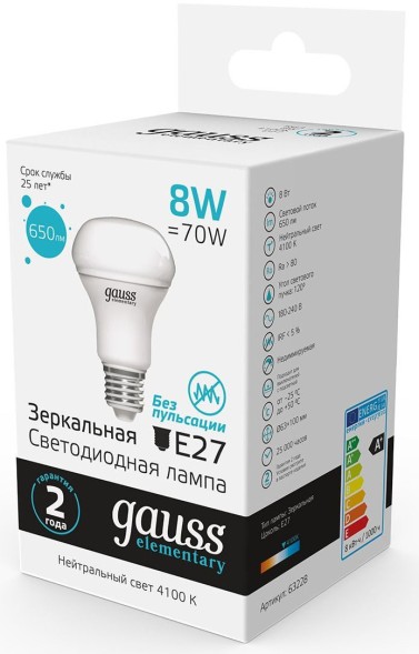 Лампа светодиодная Gauss Elementary 63228 8Вт цок.:E27 рефлек. 220B 4100K св.свеч.бел.нейт. (упак.:10шт)