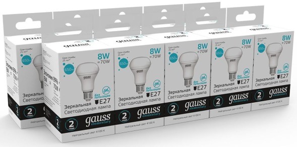 Лампа светодиодная Gauss Elementary 63228 8Вт цок.:E27 рефлек. 220B 4100K св.свеч.бел.нейт. (упак.:10шт)