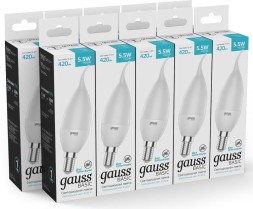 Лампа светодиодная Gauss Basic 1034116 5.5Вт цок.:E14 свеча 180B 3000K св.свеч.бел.теп. (упак.:10шт)