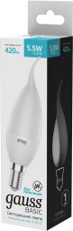 Лампа светодиодная Gauss Basic 1034116 5.5Вт цок.:E14 свеча 180B 3000K св.свеч.бел.теп. (упак.:10шт)