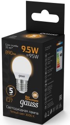 Лампа светодиодная Gauss 9.5Вт цок.:E27 шар 220B 3000K св.свеч.бел.теп. P45 (упак.:1шт) (105102110)