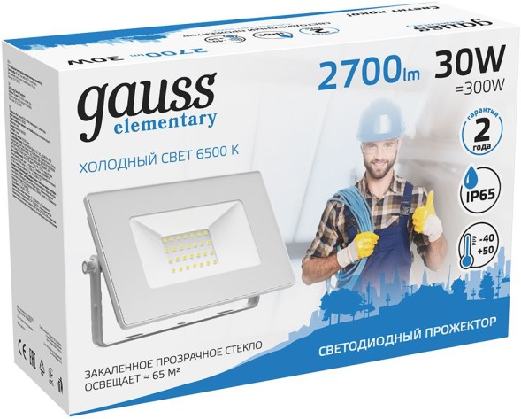 Прожектор уличный Gauss Elementary светодиодный 30Втбелый (613120330)
