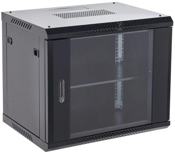 Шкаф коммутационный Rexant (04-1266-112) настенный 12U 600x600мм пер.дв.стекл металл 2 бок.пан. направл.под винты 60кг черный 19кг 230град. 635мм IP20 сталь