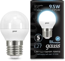 Лампа светодиодная Gauss 9.5Вт цок.:E27 шар 220B 4100K св.свеч.бел.нейт. P45 (упак.:1шт) (105102210)