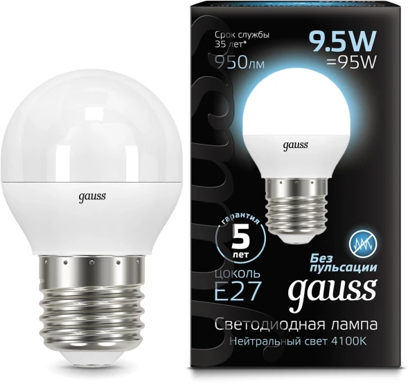 Лампа светодиодная Gauss 9.5Вт цок.:E27 шар 220B 4100K св.свеч.бел.нейт. P45 (упак.:1шт) (105102210)