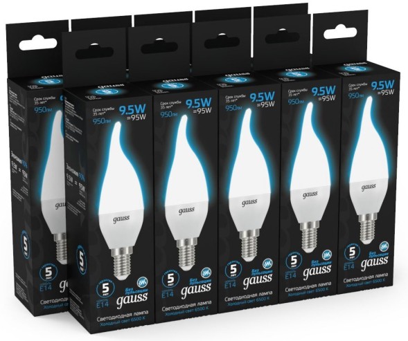 Лампа светодиодная Gauss 104101310 9.5Вт цок.:E14 свеча 220B 6500K св.свеч.бел.хол. (упак.:10шт)