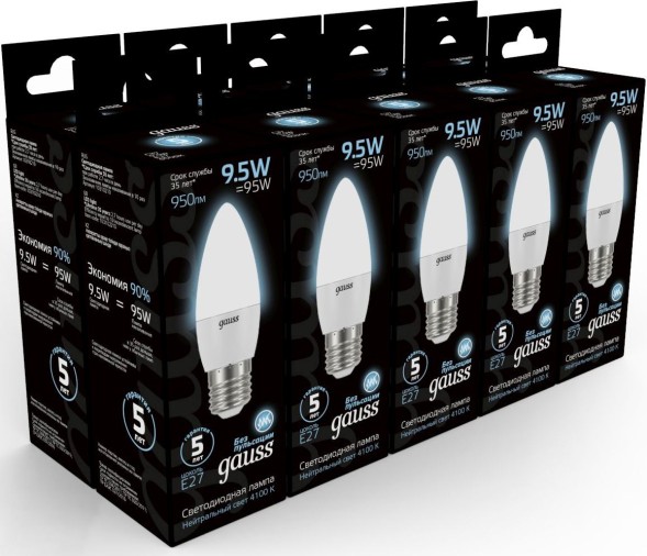 Лампа светодиодная Gauss 9.5Вт цок.:E27 свеча 220B 4100K св.свеч.бел.нейт. (упак.:10шт) (103102210)