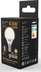 Лампа светодиодная Gauss 6.5Вт цок.:E14 шар 220B 3000K св.свеч.бел.теп. (упак.:1шт) (105101107)