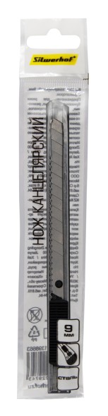 Нож канцелярский Silwerhof шир.лез.9мм выдвижное лезвие фиксатор сталь серебристый пакет с европод.