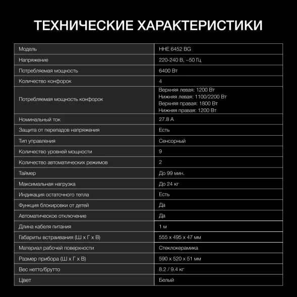 Варочная поверхность Hyundai HHE 6452 WG белый