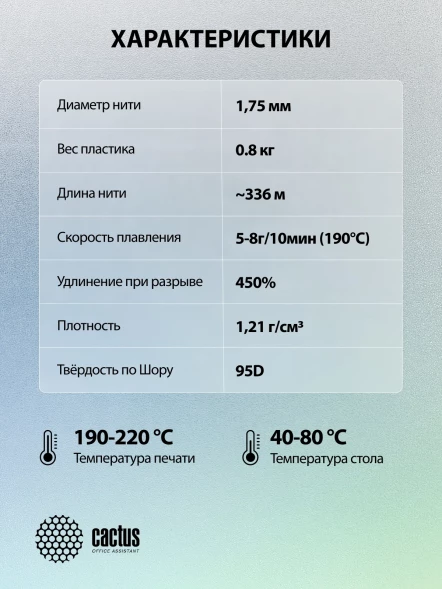 Пластик для принтера 3D Cactus CS-3D-TPU-0.8KG-BLUE TPU d1.75мм 0.8кг L336м 1цв.