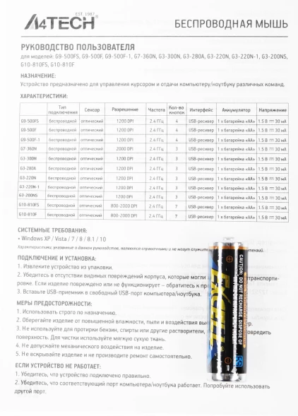 Мышь A4Tech V-Track G9-500FS черный оптическая (1200dpi) silent беспроводная USB (4but)