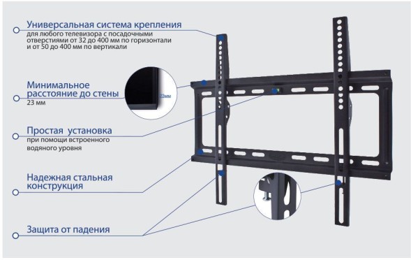 Кронштейн для телевизора Kromax IDEAL-3 черный 22&amp;quot;-65&amp;quot; макс.50кг настенный фиксированный