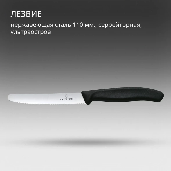 Нож кухонный Victorinox Swiss Classic (6.7833) стальной столовый лезв.110мм серрейт. заточка черный