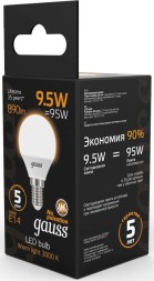 Лампа светодиодная Gauss 9.5Вт цок.:E14 шар 220B 3000K св.свеч.бел.теп. (упак.:10шт) (105101110)