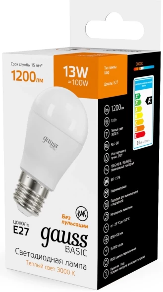 Лампа светодиодная Gauss Basic 13Вт цок.:E27 шар св.свеч.теп.св./дневн. (10502132)