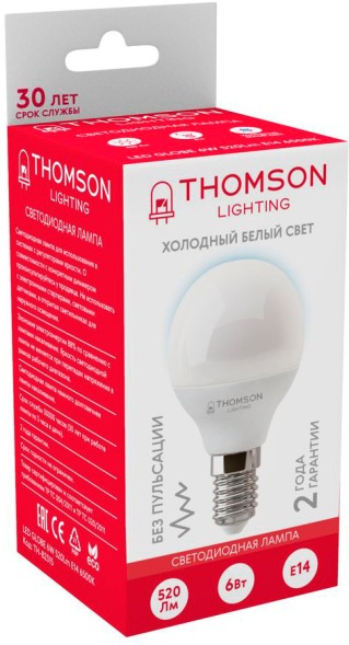 Лампа светодиодная Thomson TH-B2315 6Вт цок.:E14 шар 220B 6500K св.свеч.бел.хол. Globe (упак.:1шт)