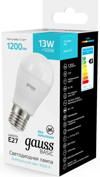 Лампа светодиодная Gauss Basic 13Вт цок.:E27 шар св.свеч.бел.нейт. (10502232)