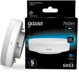 Лампа светодиодная Gauss 108008308 8Вт цок.:GX53 таблетка 220B св.свеч.бел.хол. (упак.:10шт)