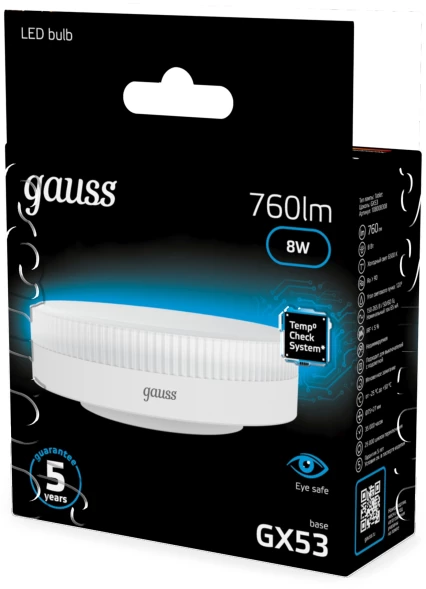 Лампа светодиодная Gauss 108008308 8Вт цок.:GX53 таблетка 220B св.свеч.бел.хол. (упак.:10шт)