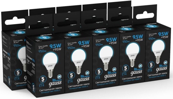 Лампа светодиодная Gauss 105101310 9.5Вт цок.:E14 шар 220B 6500K св.свеч.бел.хол. (упак.:10шт)
