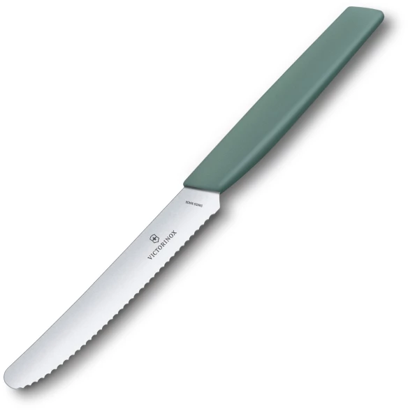 Нож кухонный Victorinox Swiss Modern (6.9006.11W43) стальной столовый для томатов лезв.110мм серрейт. заточка шалфеевый