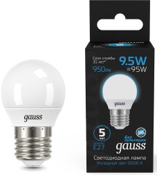 Лампа светодиодная Gauss 105102310 9.5Вт цок.:E27 шар 220B 6500K св.свеч.бел.хол. (упак.:10шт)