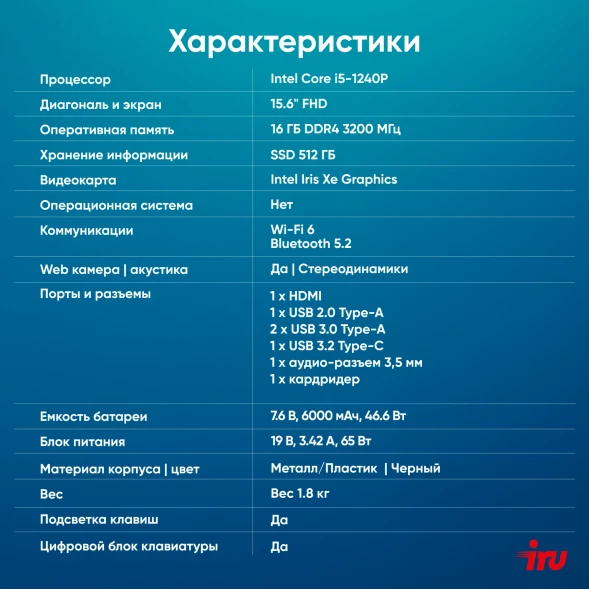 Ноутбук IRU Strato 15ALI Core i5 1240P 16Gb SSD512Gb Intel Iris Xe graphics 15.6&amp;quot; IPS FHD (1920x1080) FreeDOS black WiFi BT Cam 6000mAh (2058949)