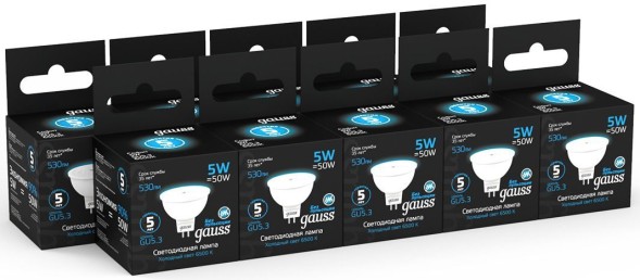 Лампа светодиодная Gauss 101505305 5Вт цок.:GU5.3 рефлек. 220B 6500K св.свеч.бел.хол. (упак.:10шт)