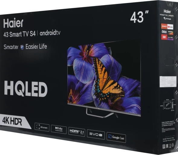 Телевизор QLED Haier 43&amp;quot; Smart TV S4 Frameless серебристый/серебристый 4K Ultra HD 60Hz DVB-T DVB-T2 DVB-C DVB-S DVB-S2 USB WiFi Smart TV (RUS)