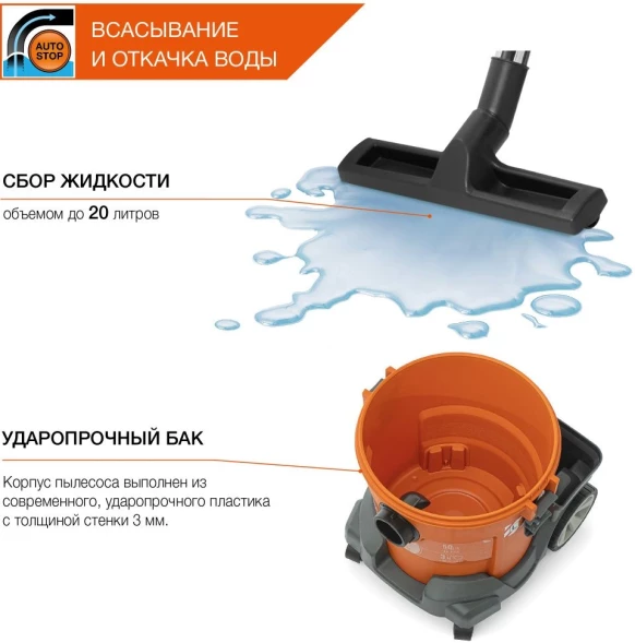 Строительный пылесос Daewoo DAVC 2014S 1400Вт (уборка: сухая/влажная/выдув/сбор воды) оранжевый