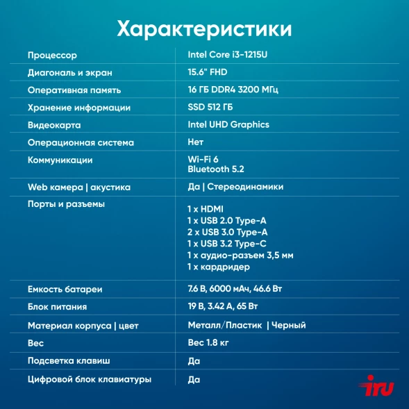 Ноутбук IRU Strato 15ALI Core i3 1215U 16Gb SSD512Gb Intel UHD Graphics 15.6&amp;quot; IPS FHD (1920x1080) FreeDOS black WiFi BT Cam 6000mAh (2058937)