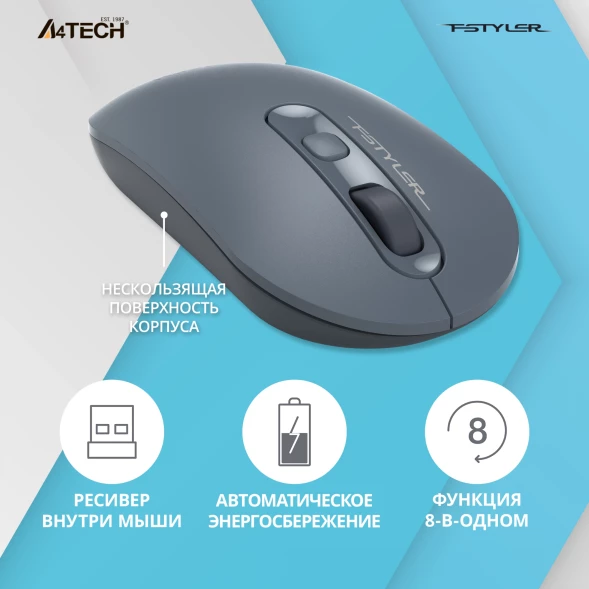 Мышь A4Tech Fstyler FG20 пепельный/синий оптическая (2000dpi) беспроводная USB для ноутбука (4but)