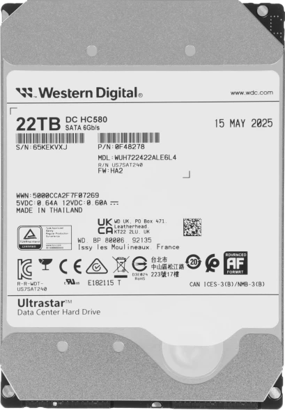 Жесткий диск WD SATA-III 22TB 0F48278/0F62785 WUH722422ALE6L4 Server Ultrastar DC HC580 (7200rpm) 512Mb 3.5&amp;quot;