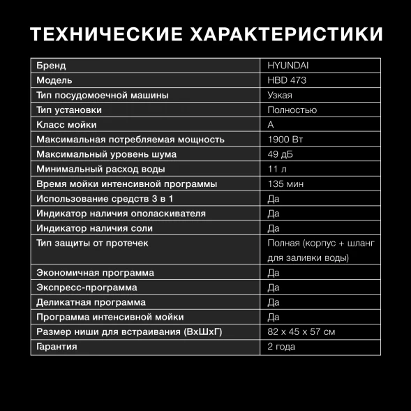 Посудомоечная машина встраив. Hyundai HBD 473 1900Вт узкая